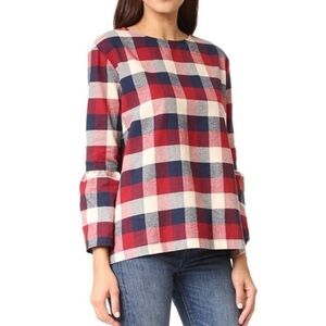 Hatch Plaid Flannel Button Back 3/4 Bell Sleeve Top O/S